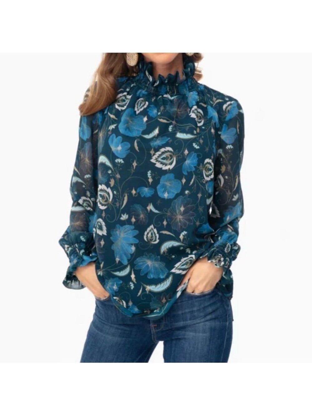 Tuckernuck Nouveau Floral Sadie Blouse Size L Ruffle High Neck Long Sleeve Lined
